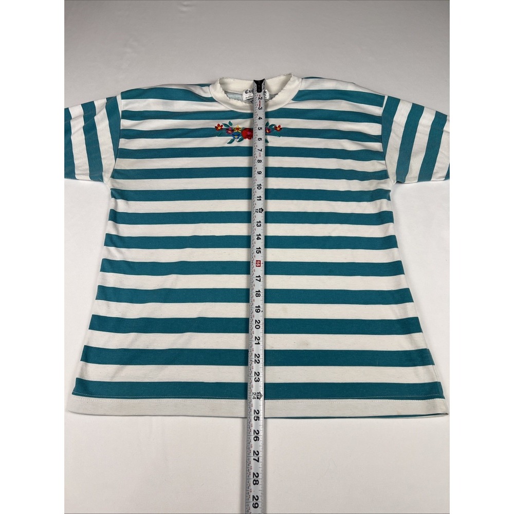 Vintage Exclusive Imports Teal White Striped Floral Embroidered T-Shirt Womens M - Picture 4 of 6